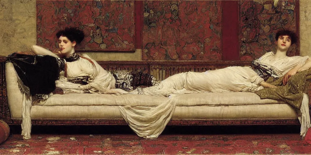 Image similar to A girl reclining on a sofa by Lawrence Alma-Tadema, orientalism,