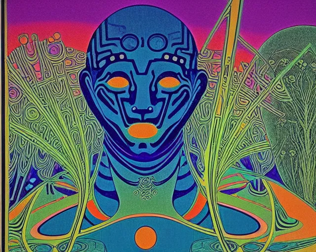 Prompt: 1968 psychedelic, tarot cards, cut out collage, neon Greek, dusk on Jupiter, epic theater, deep jungle texture, aquatic plants, Jugendstil drawings, in part by Alex Grey, part by Moebius, composition William S Boroughs, written by Michael Ende