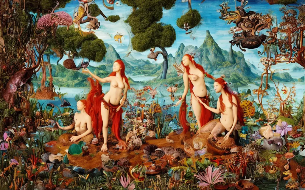 Image similar to a portrait photograph of a meditating mermaid shaman and a centaur monk feeding tropical animals at a wide river delta. surrounded by bulbous flowers, animals, trees and mushrooms. mountain range under a vast blue sky of burning stars. painted by jan van eyck, max ernst, ernst haeckel and artgerm, cgsociety, artstation, fashion editorial