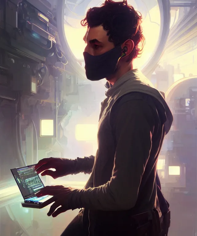 Image similar to Hacker man hacks computer, highly detailed, digital painting, artstation, concept art, smooth, sharp focus, illustration, art by artgerm and greg rutkowski and alphonse mucha