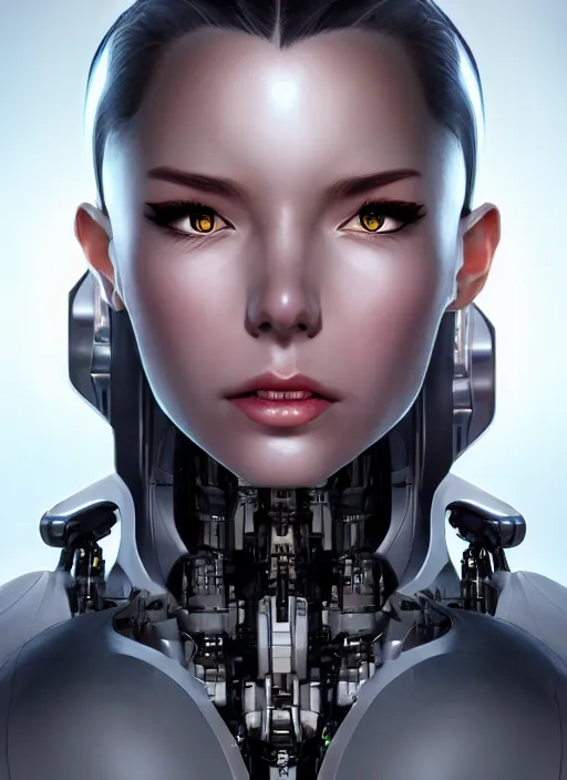 Image similar to portrait of a cyborg woman who turns her head to the (((((right))))) left by Artgerm,eyes closed , biomechanical, hyper detailled, trending on artstation