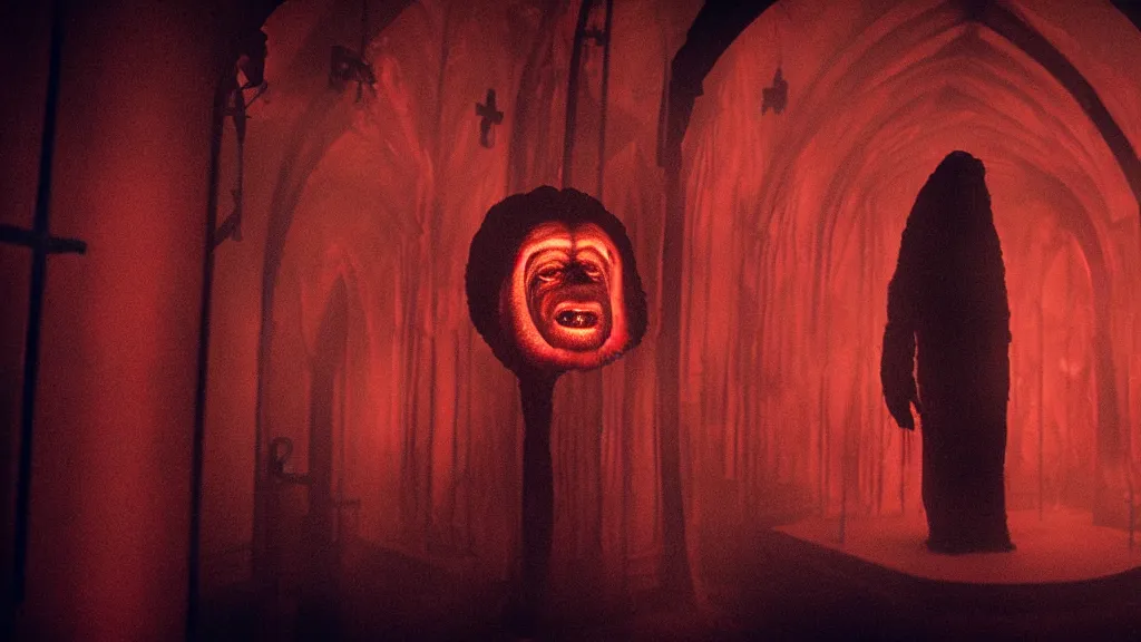 Image similar to the creature hanging out at church, made of glowing wax, they look me in the eye, film still from the movie directed by denis villeneuve and david cronenberg with art direction by salvador dali, wide lens