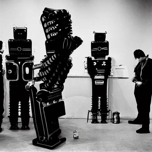 Prompt: robots on the backstage of a punk rock concert by robert mapplethorpe