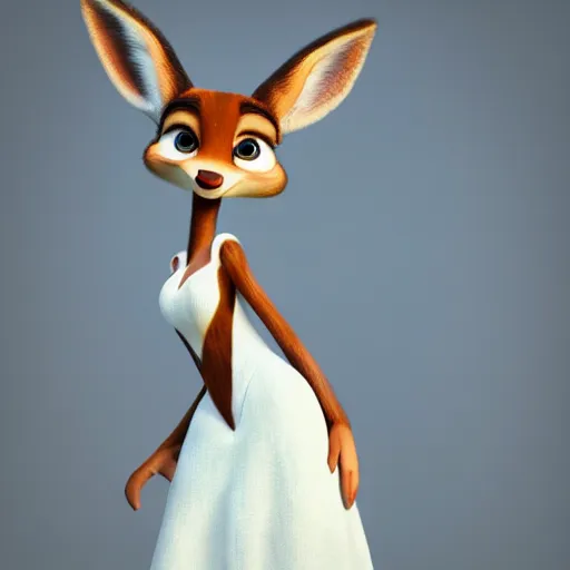 Prompt: photo realistic portrait, tall, slightly fat, sexy, anthropomorphic deer female, in a long white dress, 3 d render, inspired art by zootopia, highly detailed attributes and atmosphere, dim volumetric cinematic lighting,