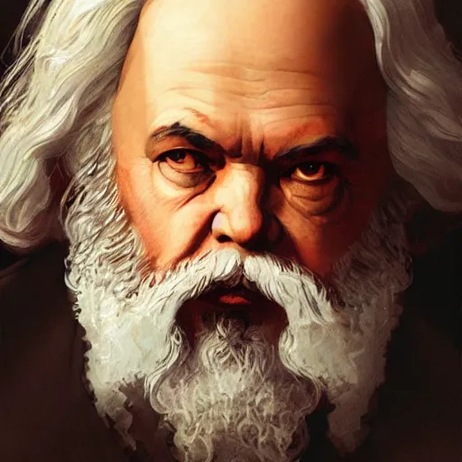 Image similar to portrait of Karl Marx pondering his orb, highly detailed, digital painting, artstation, concept art, smooth, sharp focus, illustration, art by magalie villeneuve and alan lee and artgerm and greg rutkowski and alphonse mucha