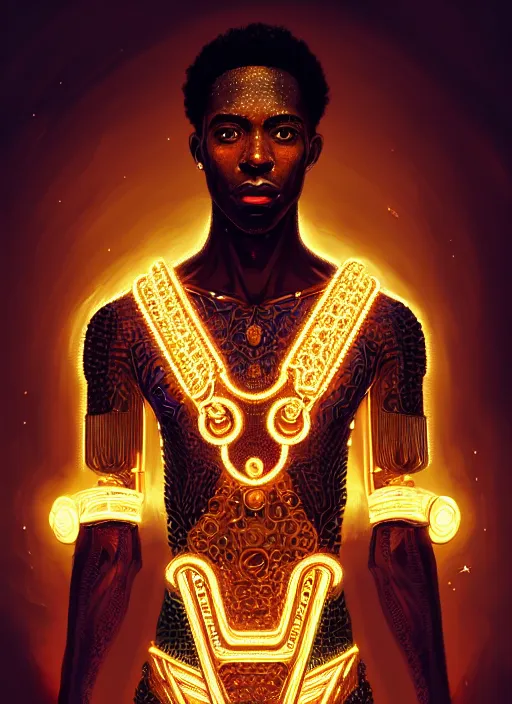 Image similar to portrait of young black man with glowing jewels, afro - futurist style, intricate, elegant, glowing lights, highly detailed, digital painting, artstation, concept art, smooth, sharp focus, illustration, art by wlop, mars ravelo and greg rutkowski