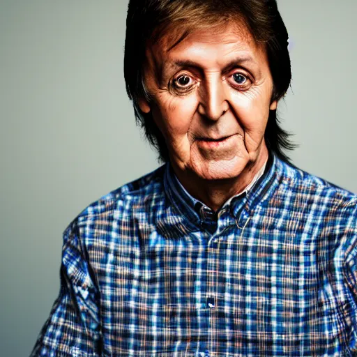 Image similar to a portrait of a Paul McCartney lookalike wearing a check shirt, sigma 85mm