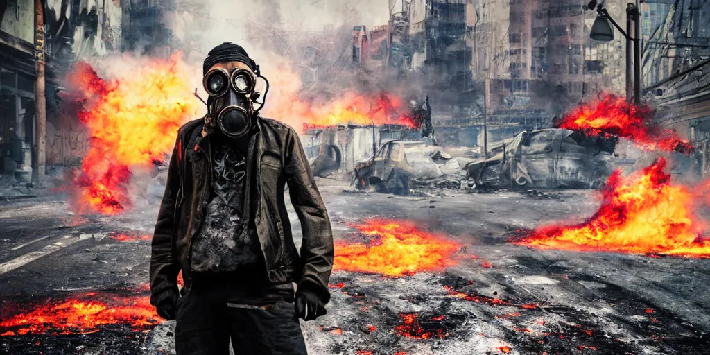 Image similar to post - apocalyptic city streets, close - up shot of an anarchist with a gasmask, burning cars, explosions, colorful smoke, hyperrealistic, gritty, damaged, dark, urban photography, photorealistic, high details