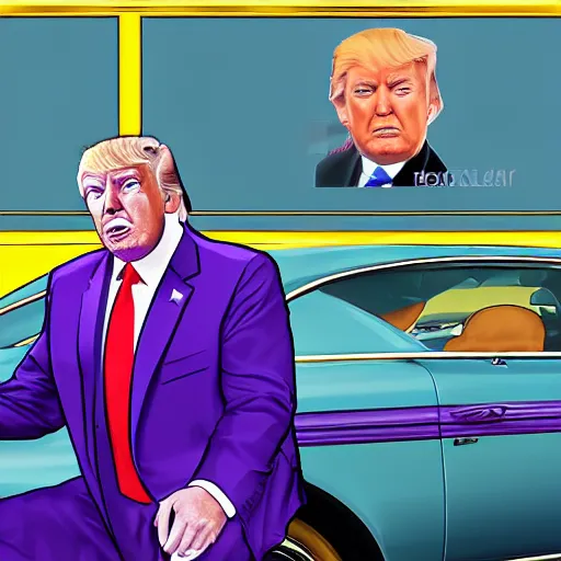 Image similar to portrait of donald trump sitting on a roll's royce, gta 5 artwork, gold chain necklace, very detailed face, purple suit