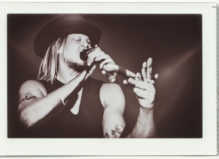 Prompt: polaroid movie still of kid rock crying during a concert in woketown