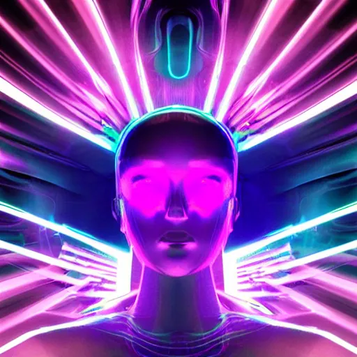 Prompt: AI representation of singularity, neon lights, blue, bionic human, futuristic, sci-fi