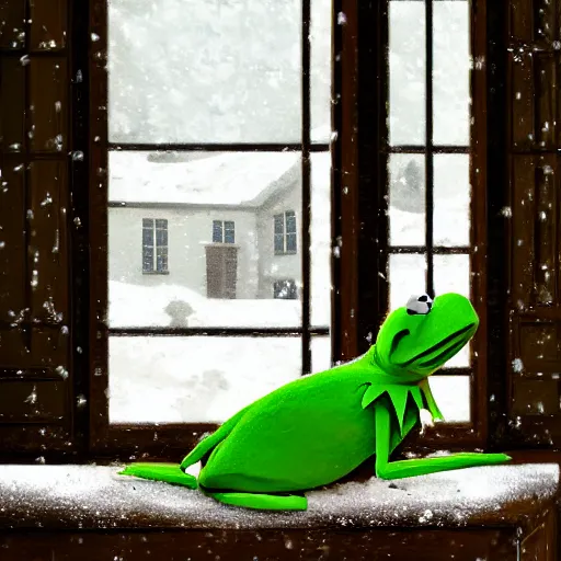 Image similar to Kermit the frog sits as it snows in the interior of a bourgeoise room, Still life with snow.