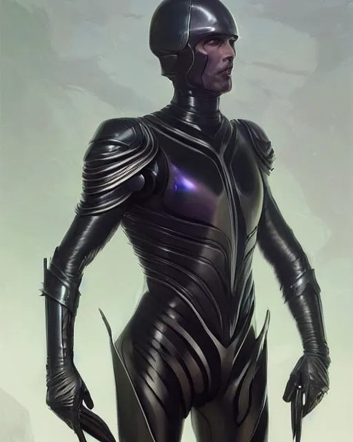 Image similar to iridescent sinewy smooth muscular male sleek glossy black pearlescent futuristic armor with smooth black featureless helmet, by greg rutkowski, mark brookes, jim burns, tom bagshaw, magali villeneuve, eve ventrue, trending on artstation