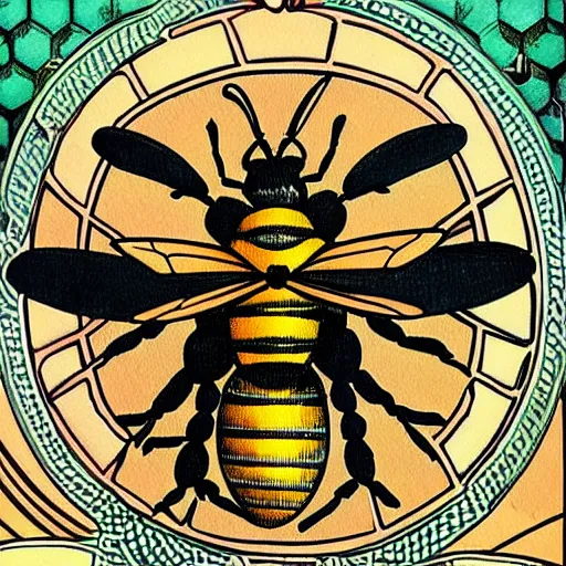 Image similar to a fierce dead bee in the middle of a bloody bullseye at the center of the crosshairs of a gun, art nouveau, fantasy illustration, tarot