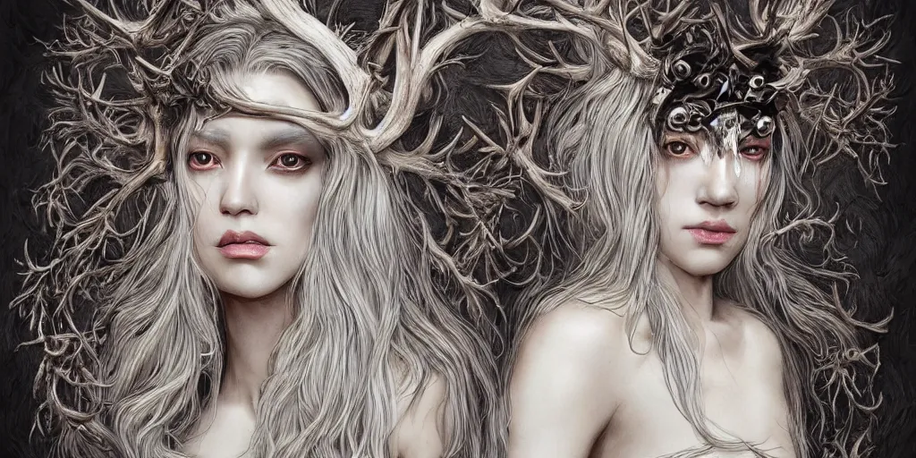 Prompt: hyperrealistic photography of a highly detailed and symmetrical gorgeous bone queen with glossy black hair and porcelain antlers in the style of beth cavener, jin kagetsu, james jean and wlop, face symmetry, masterpiece, award - winning, sharp focus, intricate concept art, ambient lighting, 8 k, artstation