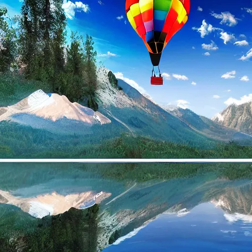 Prompt: photo of two black swans swimming in a beautiful reflective mountain lake, touching heads, forming a heart with their necks, a colorful hot air balloon is flying above the swans, hot air balloon, intricate, 8k highly professionally detailed, HDR, CGsociety