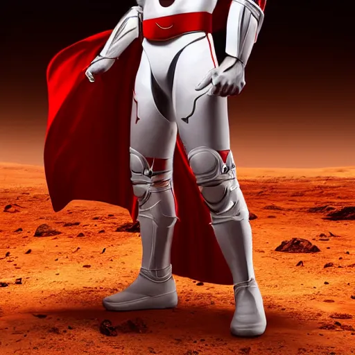 Image similar to portrait of a tall athletic muscular infantry man in glossy sleek white armor with tiny red details and a long red cape, heroic posture, on the surface of mars, night time, dramatic lighting, cinematic, sci-fi, hyperrealistic, movie still