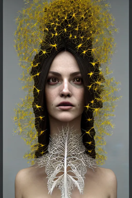 Image similar to intricate hyper detailed ultra sharp 3 d render of a witch profile portrait, 1 5 0 mm art nouveau, haute couture alexander mcqueen leaves stems, unsplash model transparent fractal dandelion yellow pistil filigree roots, intricate details, human face, facial features, elegant, hyper realistic, ultra detailed, octane render, volumetric cinematic lighting, 8 k post - production