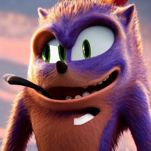 Image similar to High definition picture of ugly sonic with a toothache grin snarling at eggman