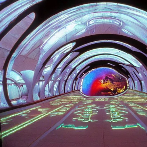 Image similar to 35mm film still blade runner set on Mars in an neon city, domes made of glas by Alex grey