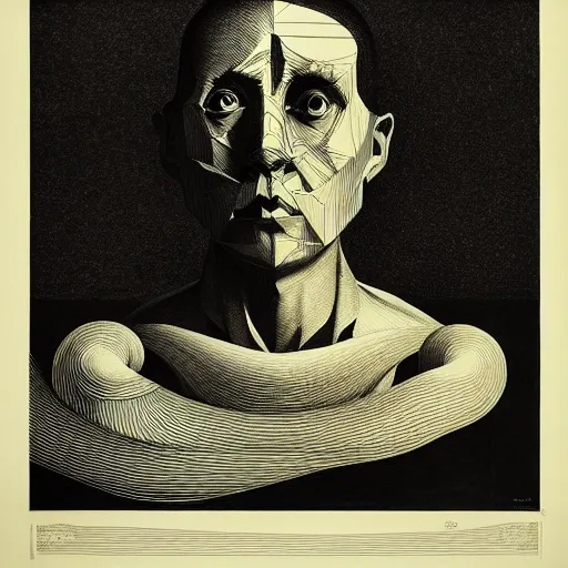 Image similar to lithography on paper conceptual figurative post - morden monumental portrait by goya and escher, illusion surreal art, highly conceptual figurative art, intricate detailed illustration, controversial poster art, polish poster art, geometrical drawings, no blur