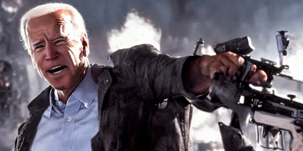 Prompt: joe biden in the terminator executing donald trump, cinematic, establishing shot, extremly high detail, photorealistic, cinematic lighting, style by James Gurney