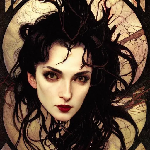 Image similar to portrait of a menacing beautiful vampire, head only, headshot, detailed and clear eyes and mouth, black hair by Stanley Artgerm Lau , greg rutkowski, thomas kindkade, alphonse mucha, loish, norman rockwell, J. C. Leyendecker. hair waving in the wind, pale skin, sinister complexion, thorn crown, image bordered by thorns, thorn background. D&D, fantasy. Trending on artstation rule of thirds extremely detailed illustration hd 4k