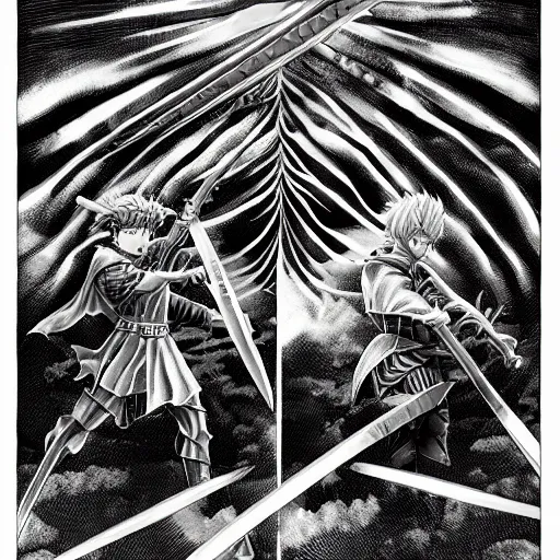 Prompt: duel of knights in the style of kentaro miura, 4 k, 8 k, absolute detailing of even the smallest details and particles, beautiful shadows, beautiful art, black and white drawing