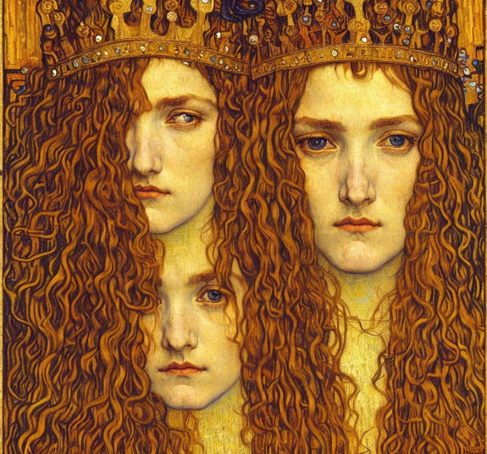 Image similar to detailed realistic beautiful young medieval queen face portrait by jean delville, gustav klimt and vincent van gogh, art nouveau, symbolist, visionary, gothic, pre - raphaelite, muted earthy colors, desaturated