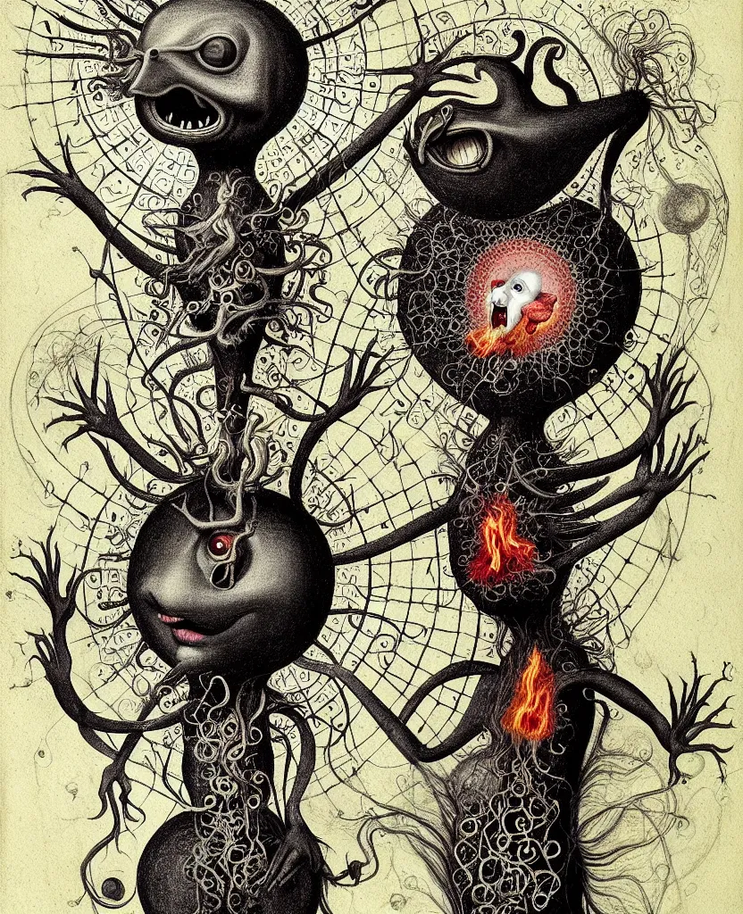 Image similar to whimsical freaky creature sings a unique canto about'as above so below'being ignited by the spirit of haeckel and robert fludd, breakthrough is iminent, glory be to the magic within, painted by ronny khalil