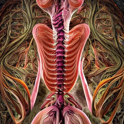 Image similar to a beautiful detailed photo of a rotten woman corpse open in two sides morphing into fractal plants and fractal flowers and mushrooms, muscles, veins, anatomical, intricate, ornate, volumetric light, beautiful lit, romero ressendi