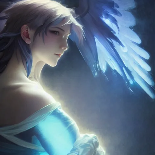 Image similar to 2D movie still, a beautiful cinematic female cyborg angel , fantasy magic, short aqua blue black fade hair, dark light night, highly detailed, advanced digital anime art, concept art, matte, art by WLOP and Artgerm and Greg Rutkowski and Alphonse Mucha, masterpiece by Jinji Ito