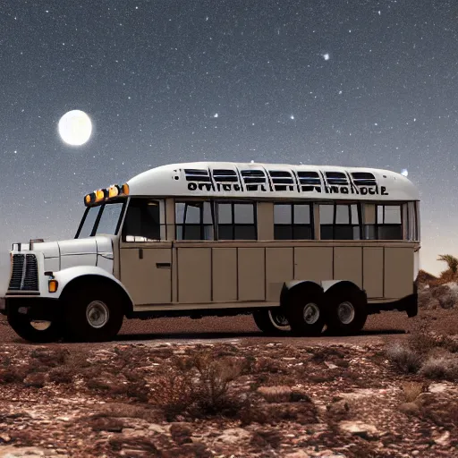 Image similar to silver school bus in the desert parked by a hot spring, sage brush, moonlit, ultra detailed, 8 k, trending on artstation, award - winning art,