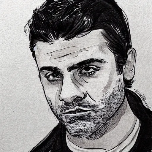 Prompt: ink and brush drawing of a portrait that is a cross between oscar isaac and ben mendelsohn