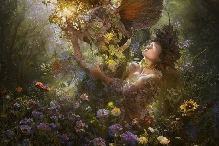 Prompt: photography print summer flowers, majestic, dappled lighting, backlit, by ellen jewett and dariusz zawadzki and brian froud and tom bagshaw, real, realistic, 8 k, high resolution, high definition, national geographics, professional wildlife photography