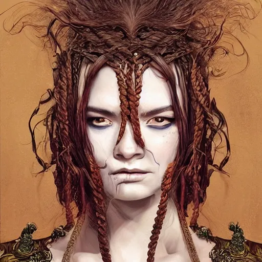 Image similar to portrait of a Shibari rope wrapped face and neck, headshot, insanely nice professional hair style, dramatic hair color, digital painting, of a old 15th century, old cyborg merchant, amber jewels, baroque, ornate clothing, scifi, realistic, hyperdetailed, chiaroscuro, concept art, art by Franz Hals and Jon Foster and Ayami Kojima and Amano and Karol Bak,