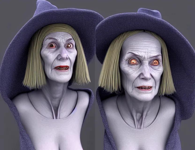 Image similar to cinematic bust portrait of robo face granny cyborg body, witch's hat on head, by jean giraud, trending artstaition, 3 d, unreal engine