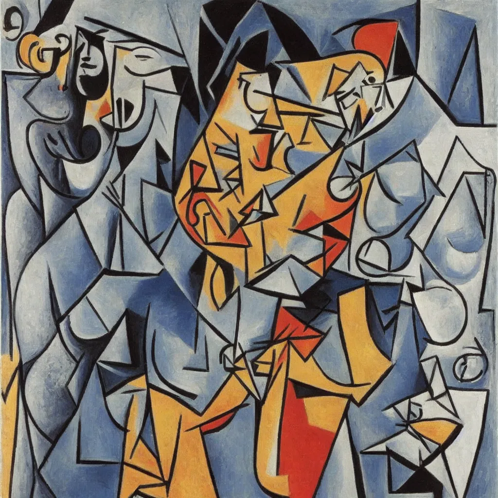 Prompt: i, a man wearing airpods pro and playing his iphone, by pablo picasso