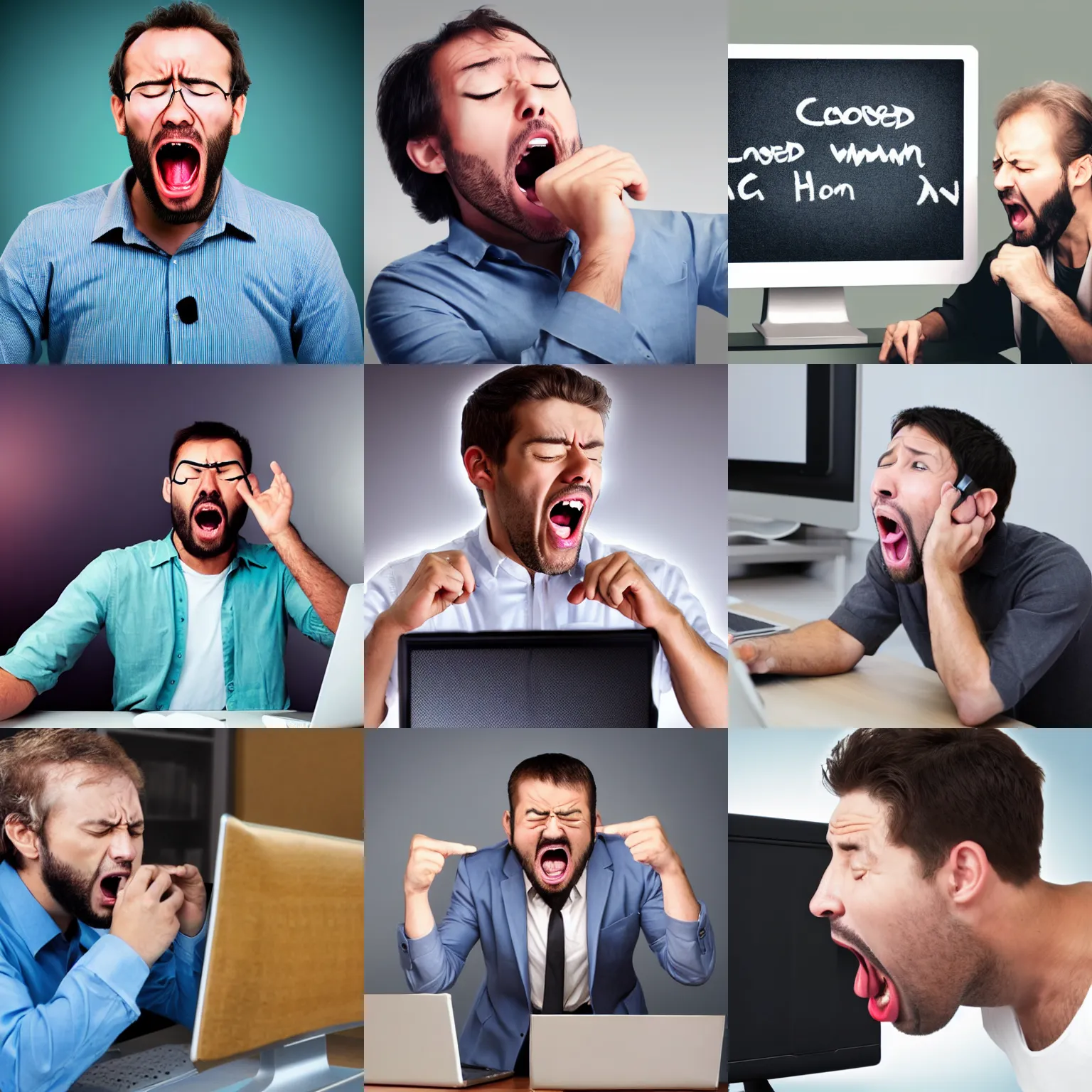 Prompt: a man with a very small head and large mouth yelling!!! at a computer screen, closed eyes