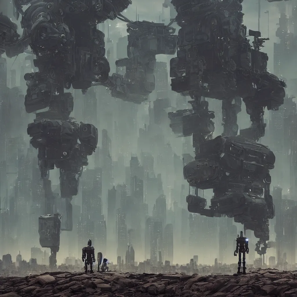 Prompt: a wide angle shot of a robot standing on a desolate landscape, a megacity of sky scrapers in the distance by roxie vizcarra and greg rutkowski and mike winkelmann and tomer hanuka, dramatic composition, futuristic, steampunk, melancholy, global illumination, masterpiece, cinematic, filmic