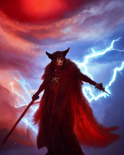 Prompt: oil painting of Anthropomorphized Wolf Shaman holding long magical lightning staff, wearing red fur cloak, sharp focus, lightning storm background, magical aura, heroic pose, fantasy style, octane render, volumetric lighting, 8k high definition, by greg rutkowski, highly detailed, trending on art Station, magic the gathering artwork, Lightning storm background, centered, dramatic artwork