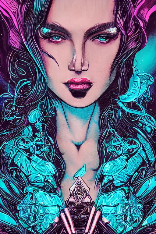 Image similar to comic art portrait of jewel beautiful goth girl queen in the style of Rob Lefield and Dan Mumford , trending on artstation, digital art,surrealism ,macro,blueprint ,vaporwave , black outline