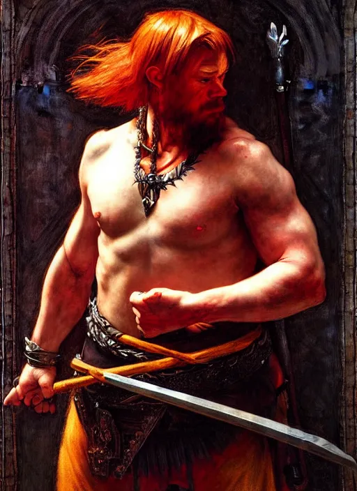 Image similar to barbarian, full body, dnd character art portrait, dramatic lighting, vivid colors by edgar maxence and caravaggio.