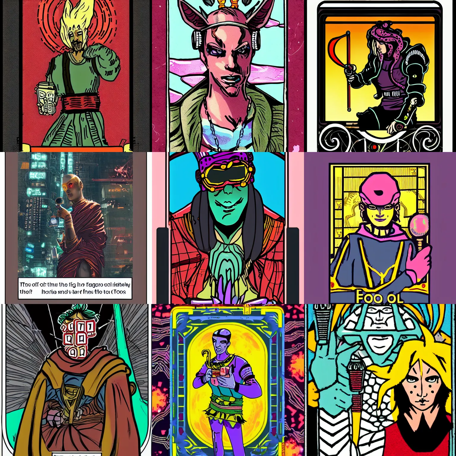 Prompt: The Fool tarot card in a cyberpunk style