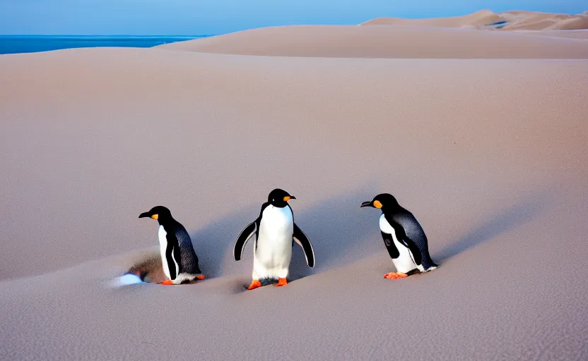 Image similar to confused penguins in sand dunes, photography