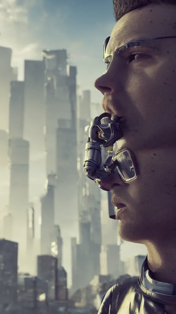 Prompt: a cyberpunk futuristic man smoking cigarettes behind a cyberpunk city, 8 k, sharp, detailed, photorealistic, octane render.