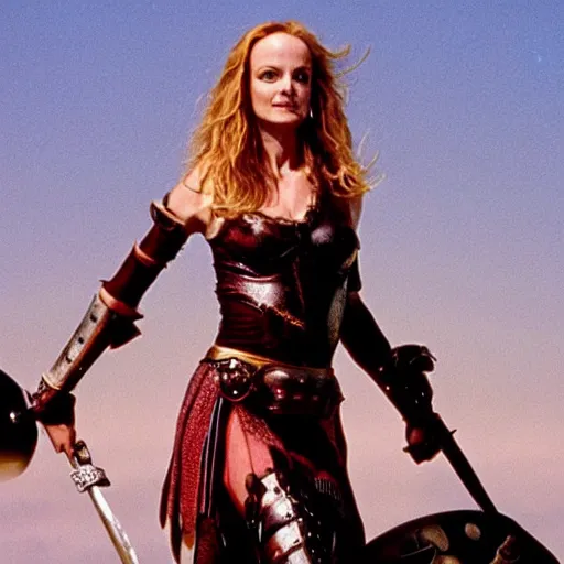 Image similar to heather graham, warrior princess, leather armor, movie still, film, triumphant pose