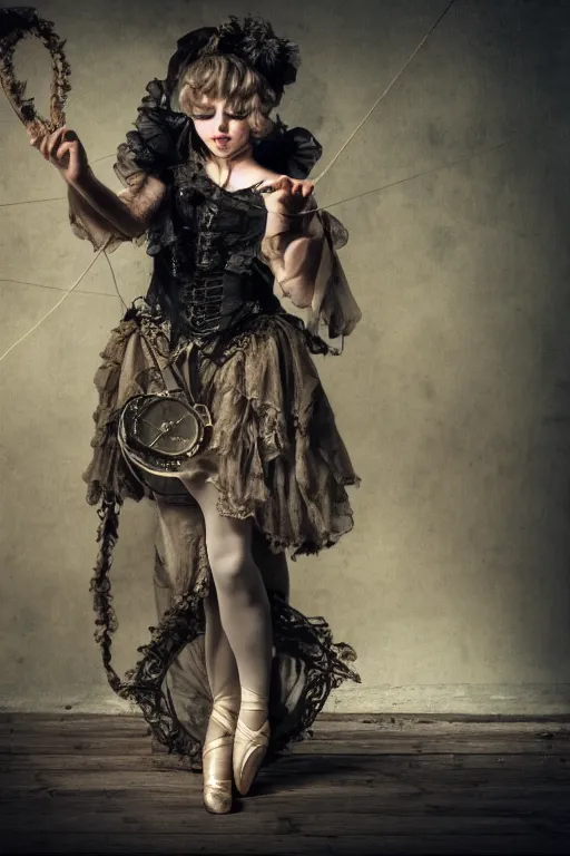 Image similar to a fantoccini held by string, alone stage, steampunk, sad vibe, steampunk, ballet, 8 k, detailed, ambient lighting, vintage, dark fantasy, wlop