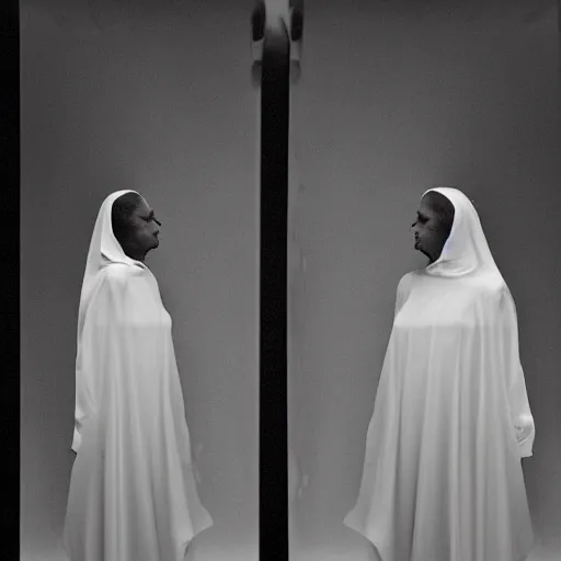 Image similar to nightmare vision, black and white, award winning photo, levitating twin nuns, wearing translucent sheet, in a sanctuary, eerie, frightening —width 1024 —height 1024