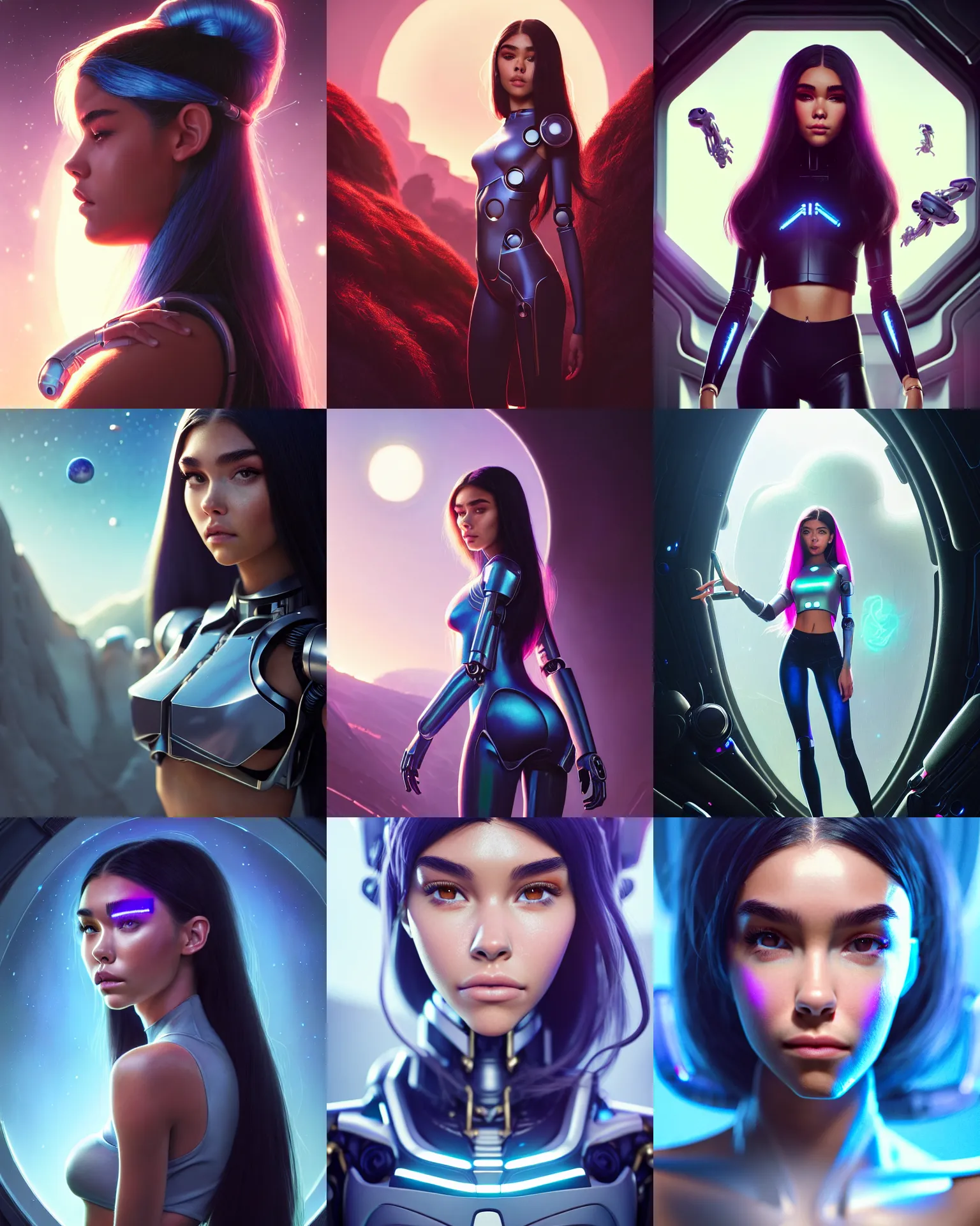 Prompt: a portrait photo of madison beer : : college woman : : as future samsung cyborg woman on a lush alien world by weta : : by greg rutkowski, wlop, rossdraws, artgerm, pixar, disney, unreal engine, glossy skin, pearlescent, shiny, 4 k, hdr, bright morning, leeloo cosplay, : :